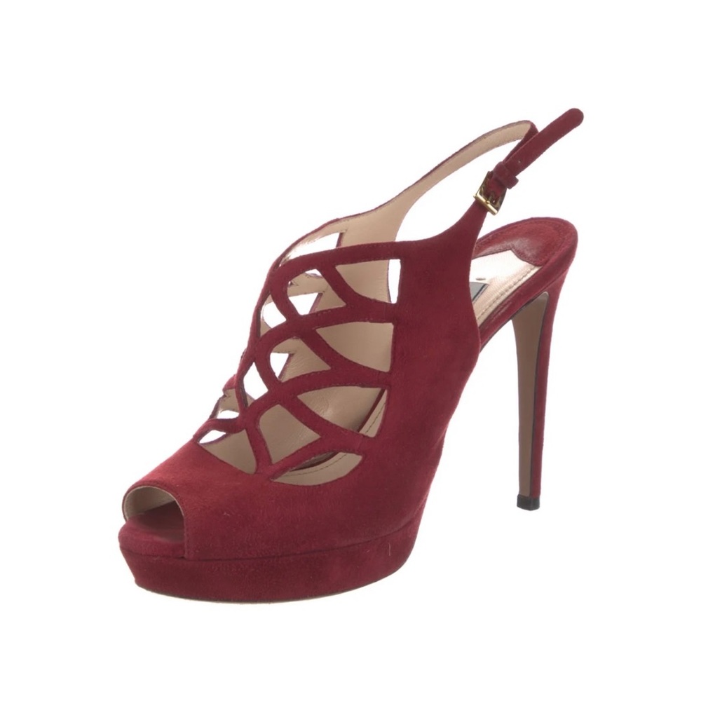 Prada burgundy red suede caged sling back platform peep toe heels 38